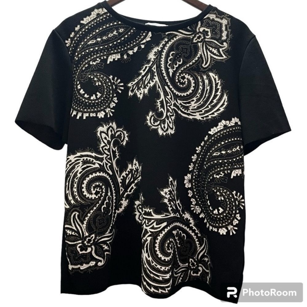 ZARA Womens‎ Paisley Black and White Embellished Short Sleeve Sweater XXL
